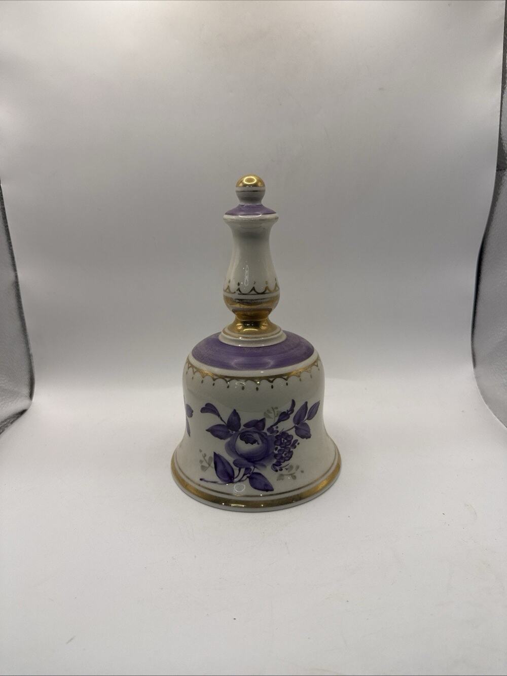 Vintage Porcelain Hand Bell Purple Floral Gold Gilt 7.5” Missing Clapper *